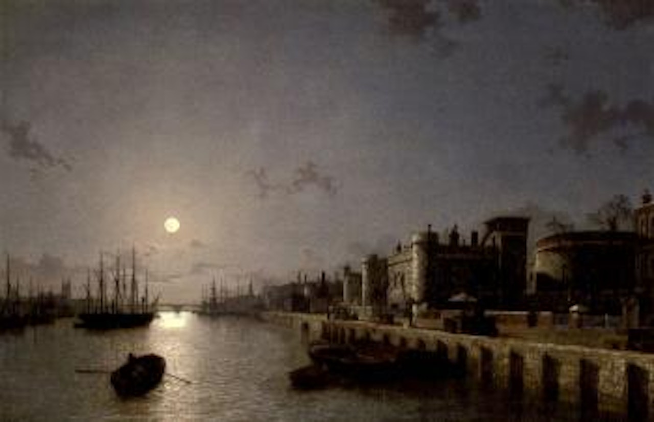 View of the Thames by moonlight with Tower of London and Traitors' Gate by Henry Pether