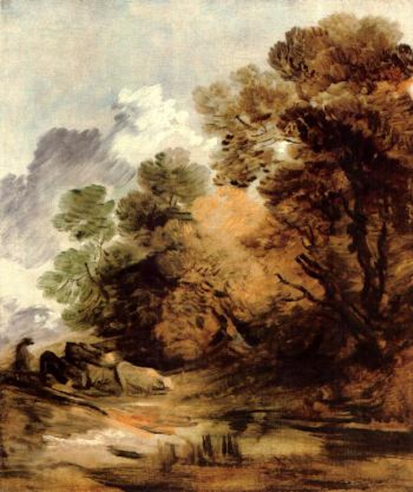 Wooded landscape with a herdsman driving cattle towards a pool by Thomas Gainsborough