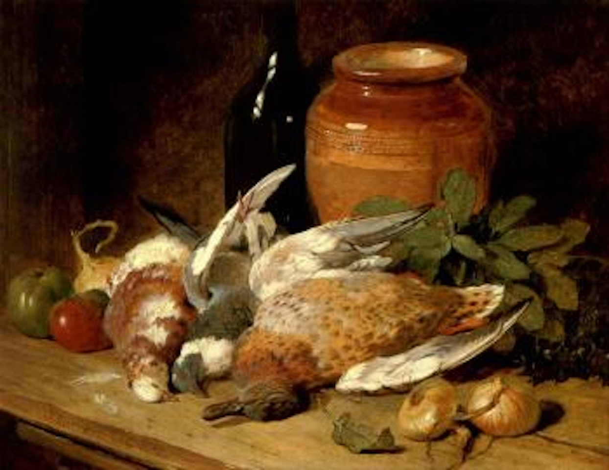 Still life of dead birds, fruit, vegetables, a bottle and a jar by John Frederick Herring