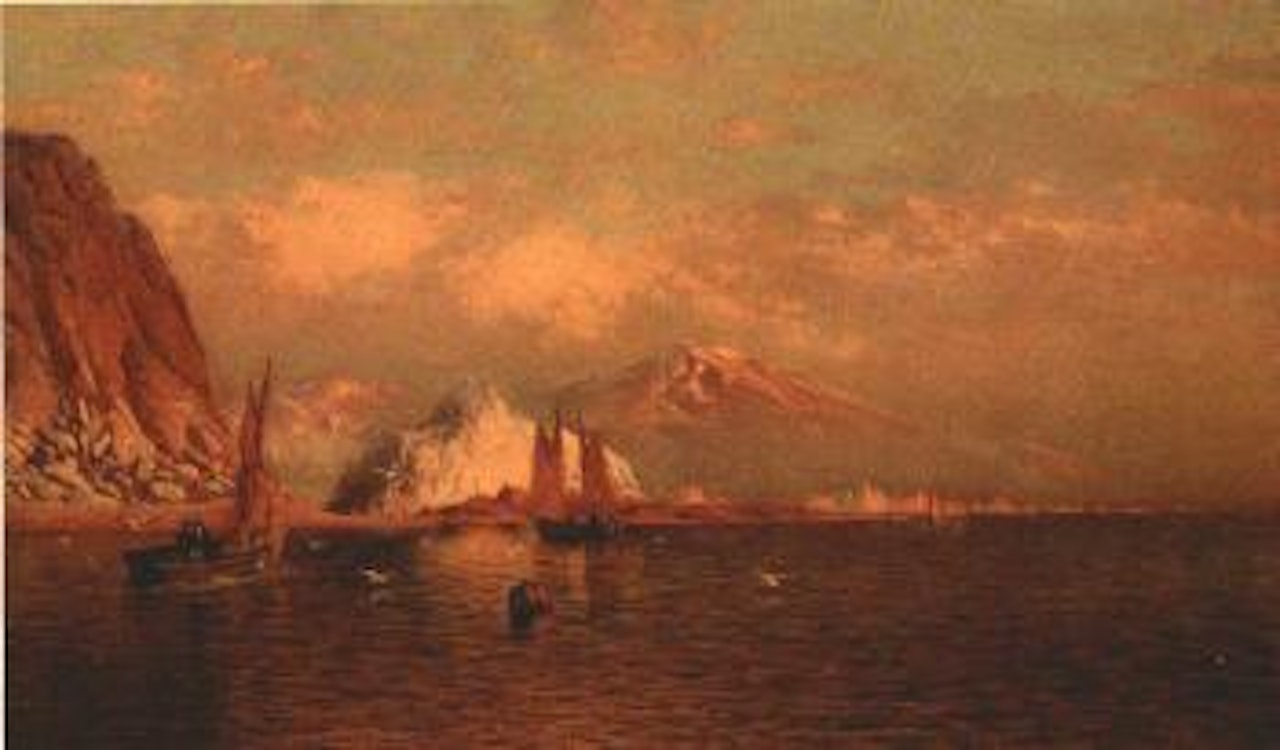 Labrador Mountain and icebergs by light of the midnight sun by William Bradford
