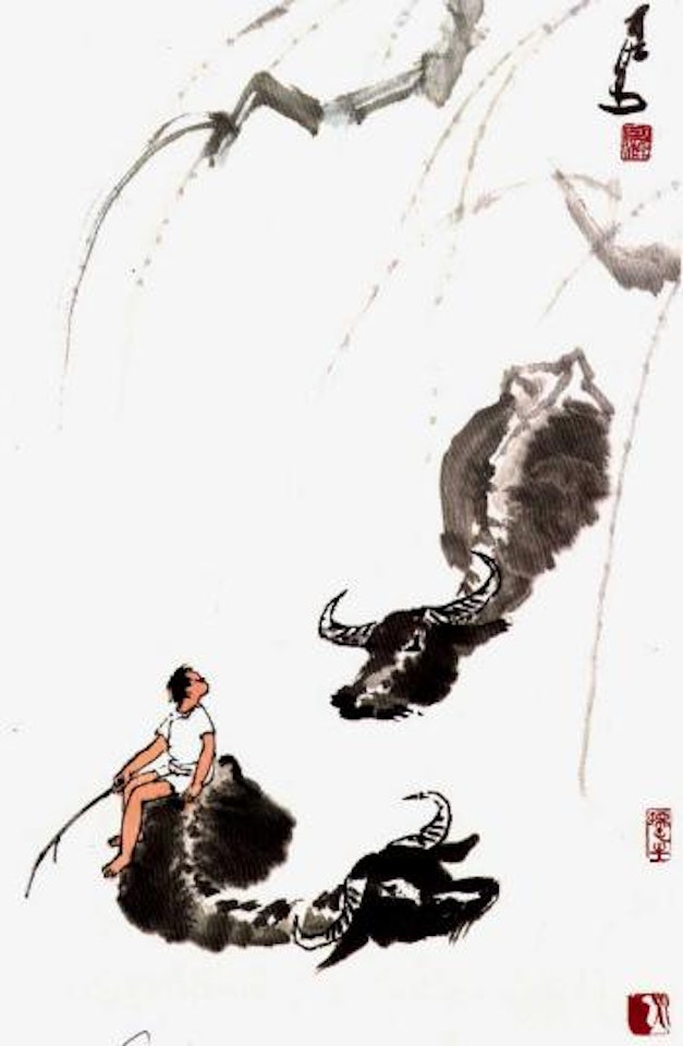 Young boy and buffaloes by Li Keran