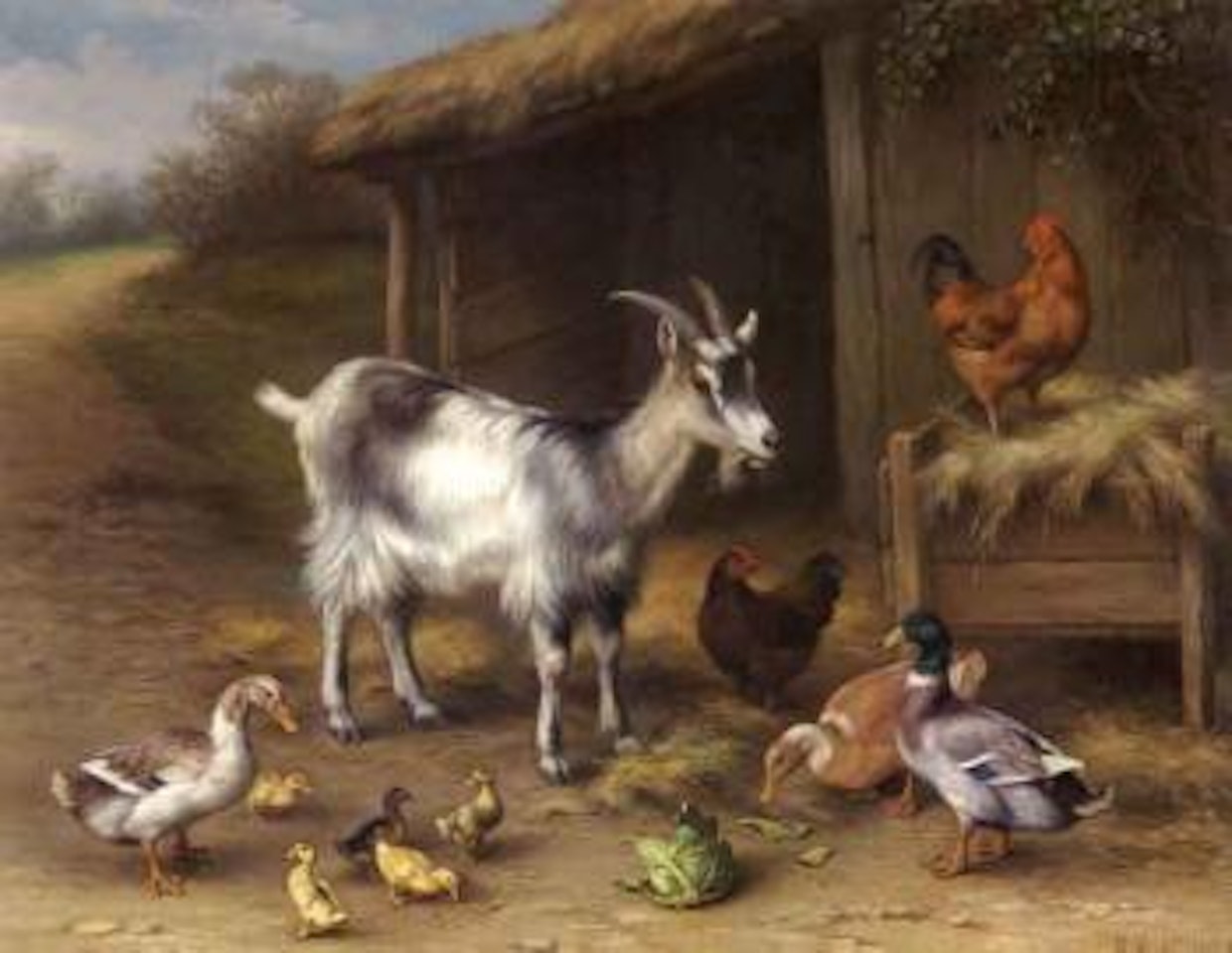 Goat, ducks and chickens outside a barn by Edgar Hunt