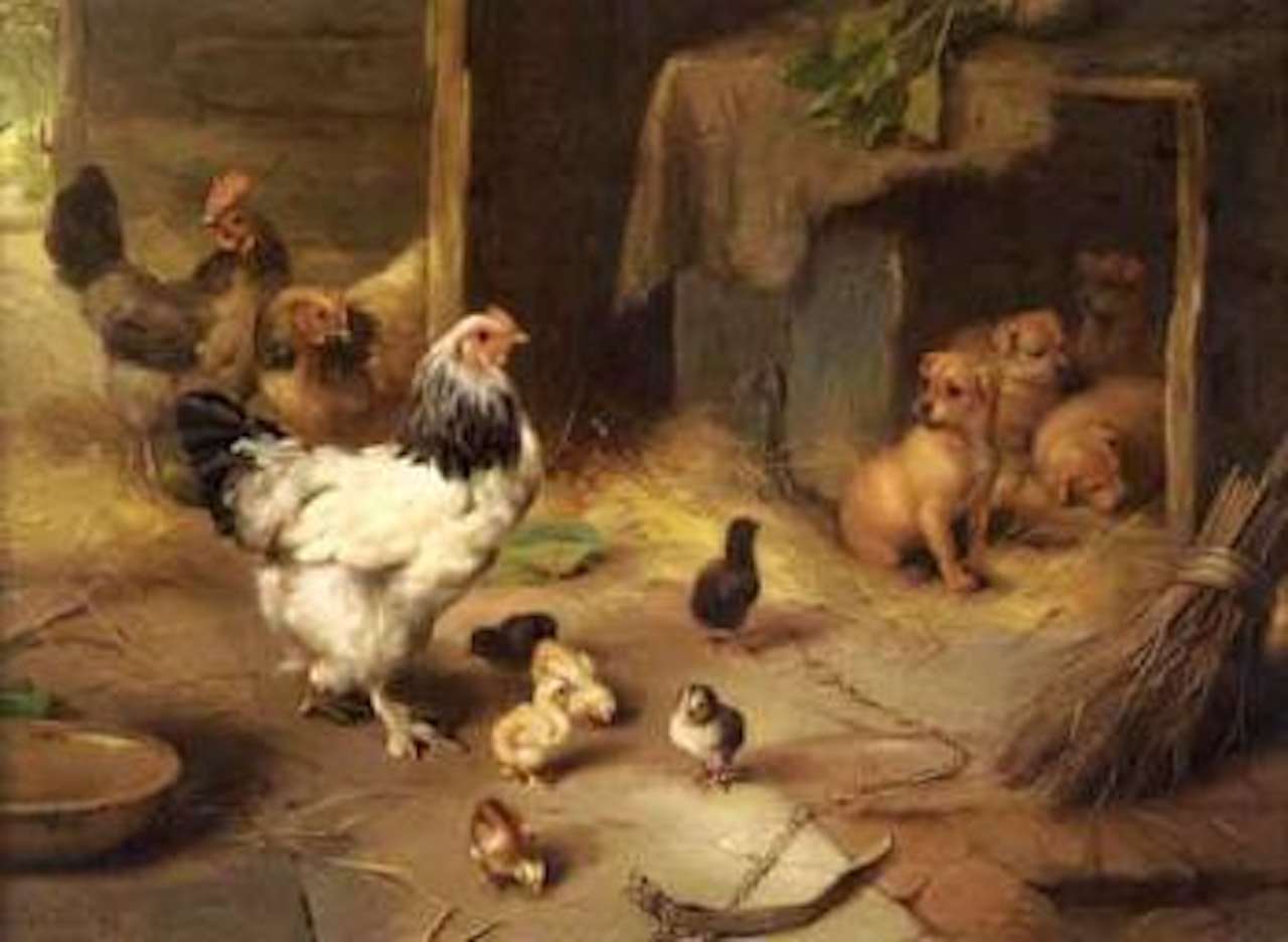 Rabbits, cockerels and chicks in a farmyard by Edgar Hunt