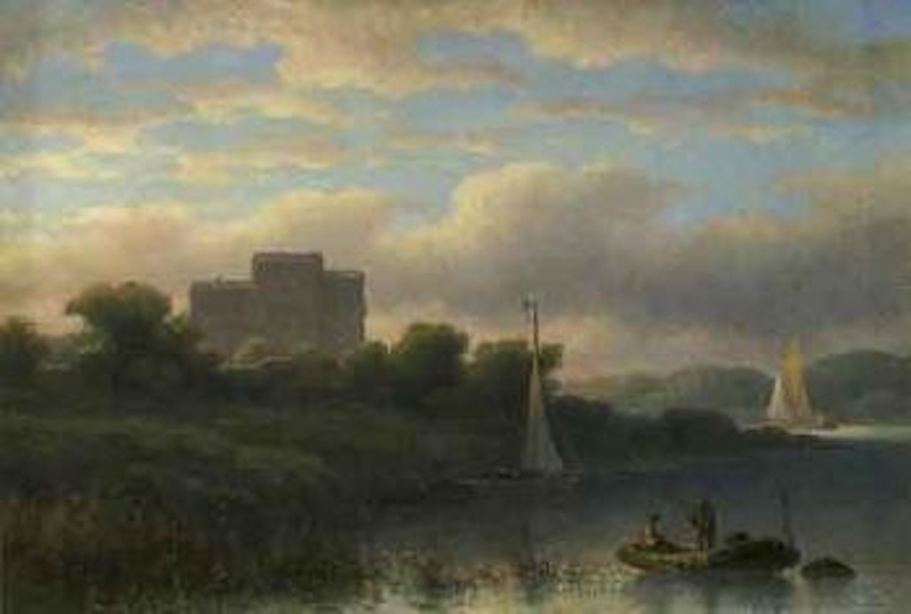 Twilight with fishermen on the river by Eduard Alexander Hilverdink