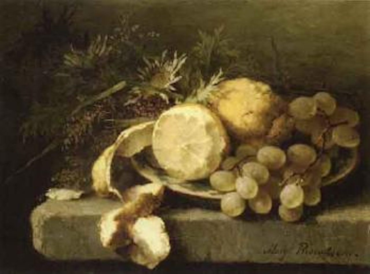 Still life with grapes and lemons on a plinth by Margaretha Roosenboom