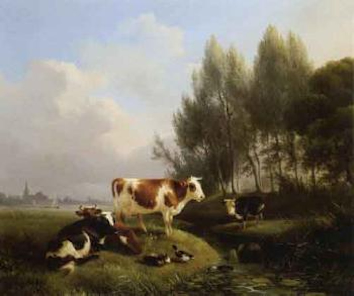 Cows and ducks at the water's edge, town in background by Henriette Ronner-Knip