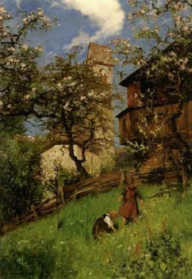 Children picking flowers in hillside meadow by Alexander Koester