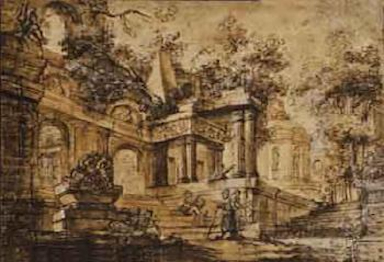Landscape with ruins and figures by Jean-Honoré Fragonard