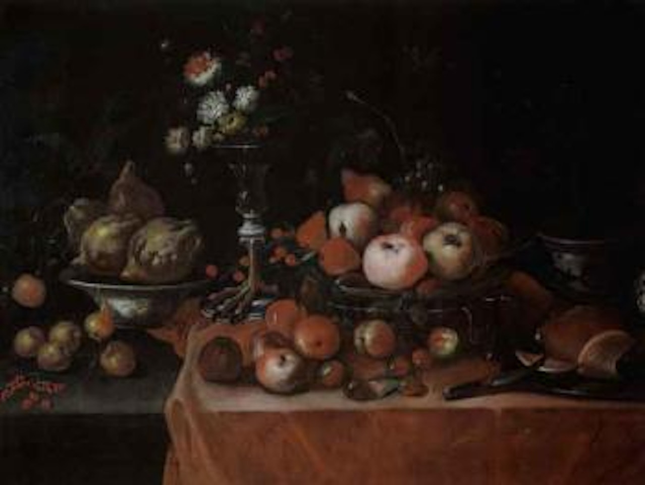 Still life with fruit basket, flowers in vase and cactus by Italian School