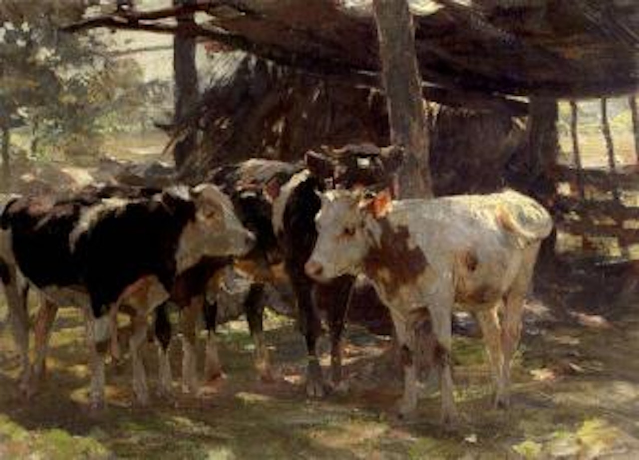 Cattle in front of a stable by Heinrich von Zugel