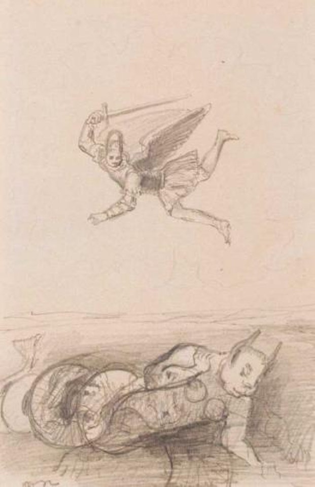 Ange combattant un diable a queue de serpent by Odilon Redon