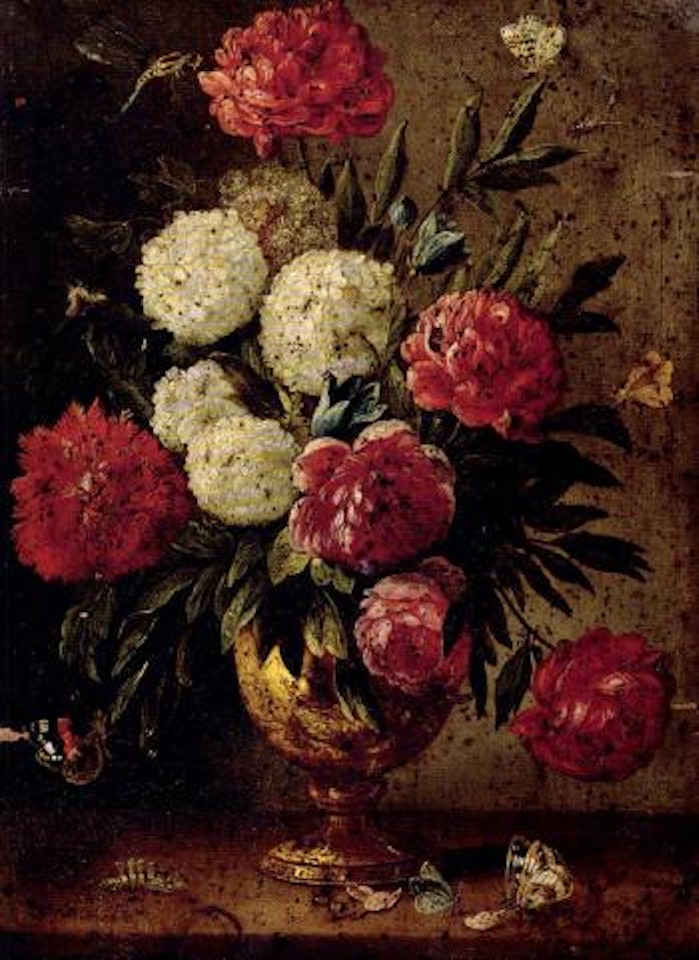 Still life of flowers on wooden ledge by Jan Van Kessel The Elder