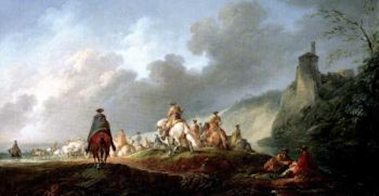 Extensive landscape with cavalry on the move by Francesco Giuseppe Casanova