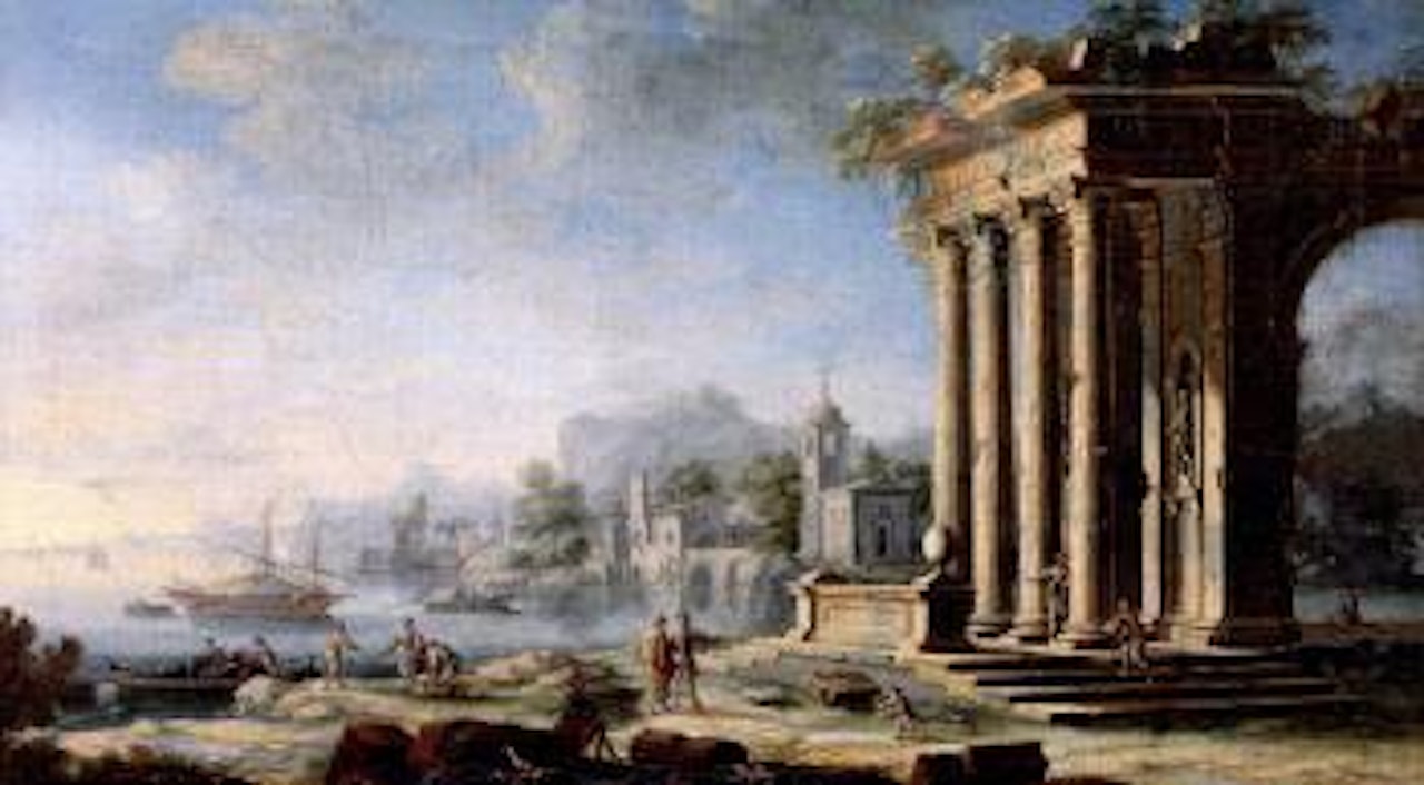 Italianate coastal landscapes with figures by Gennaro Greco