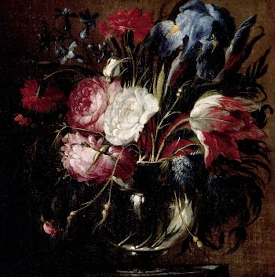 Still life of flowers in glass vase by Juan de Arellano