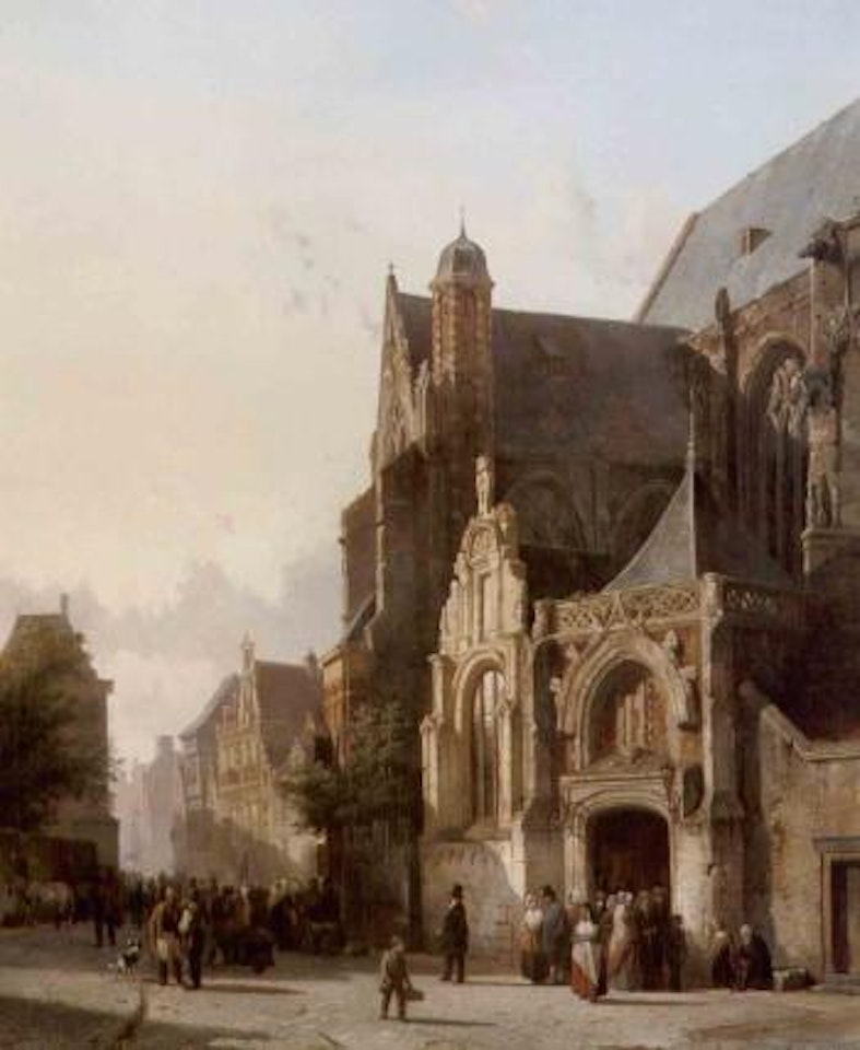 Numerous figures leaving church in a sunlit street by Cornelis Springer