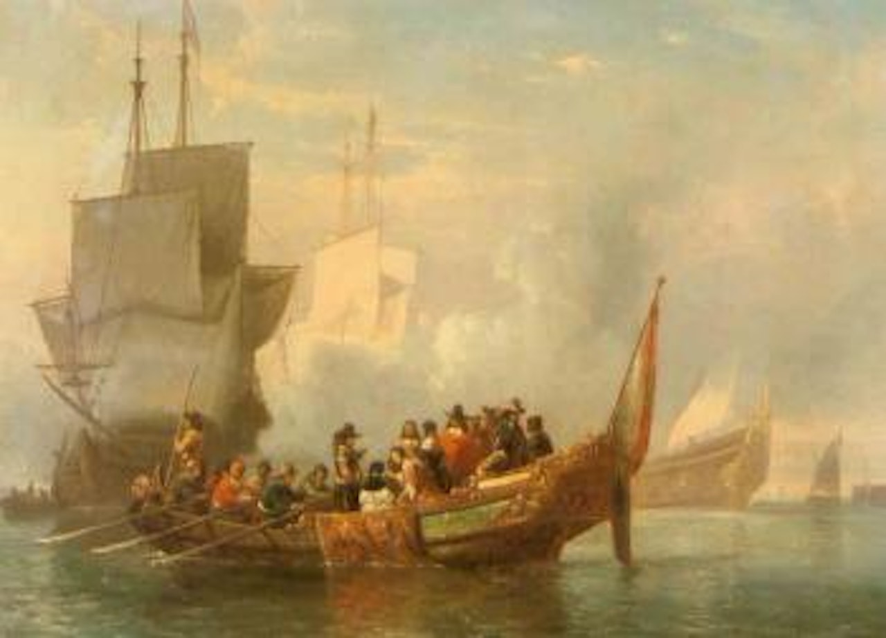 The salute, a noble company surveying a fleet by Cornelis Springer