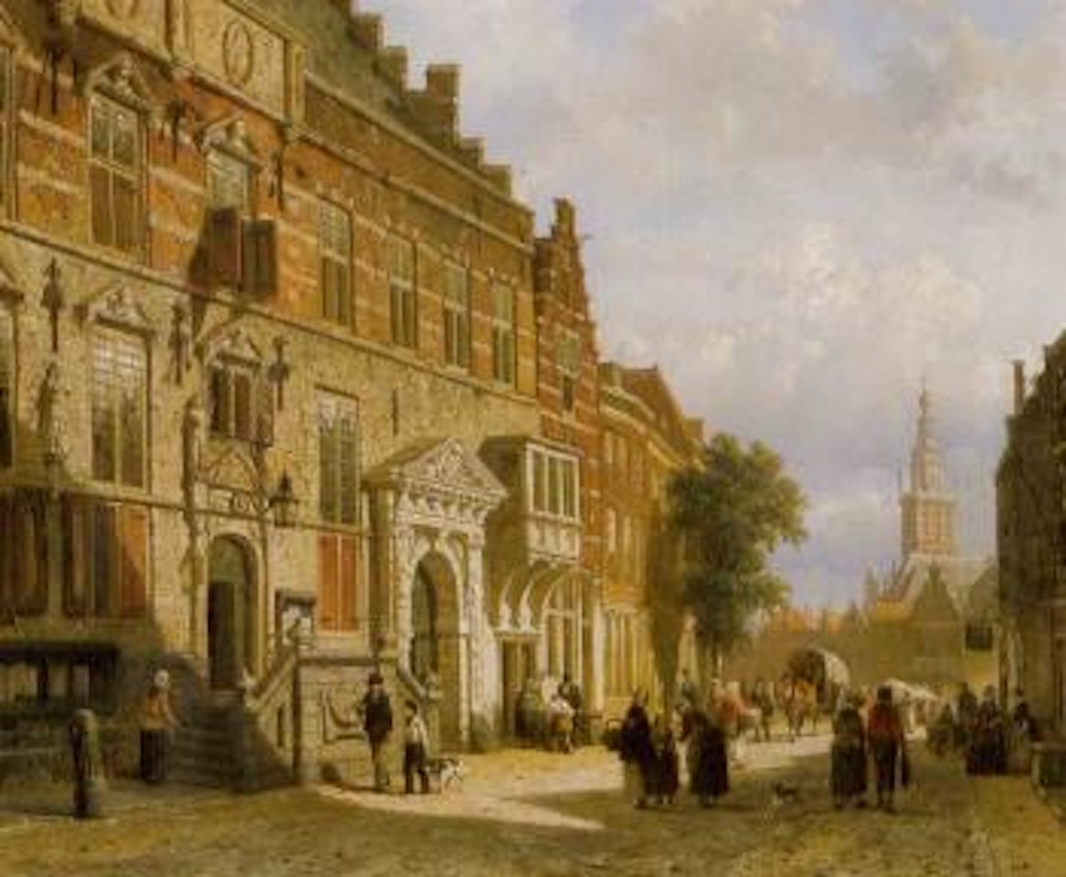 The Town Hall on the Burchtstraat with the St Stevenskerk beyond by Cornelis Springer