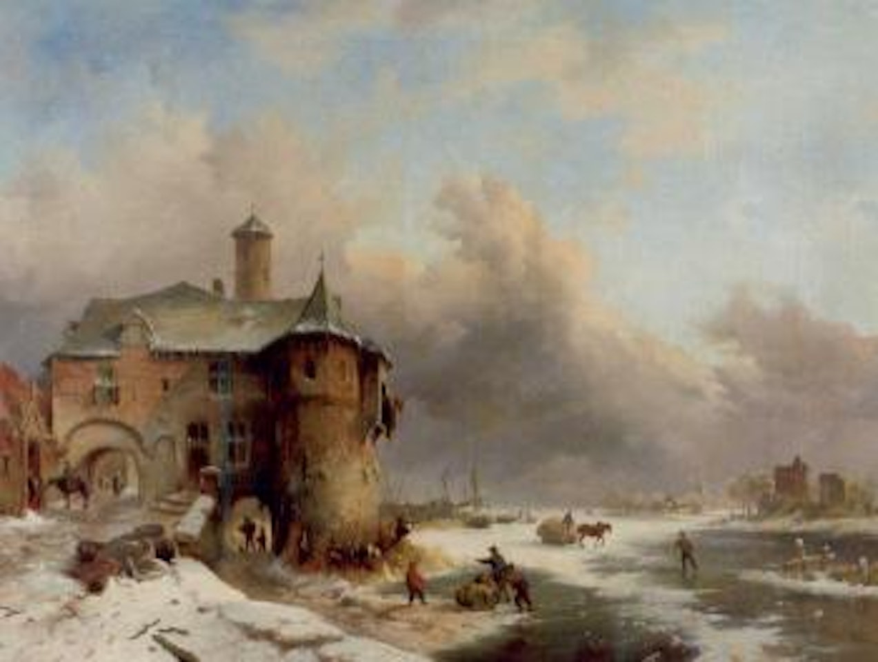 Villagers on a frozen river by a towngate by Fredrik Marinus Kruseman