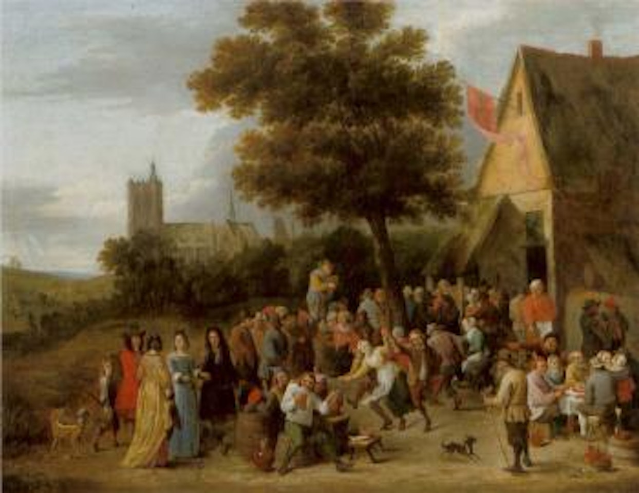 Peasant feast before an inn, the church of Sainte-Gudule beyond by David Teniers II
