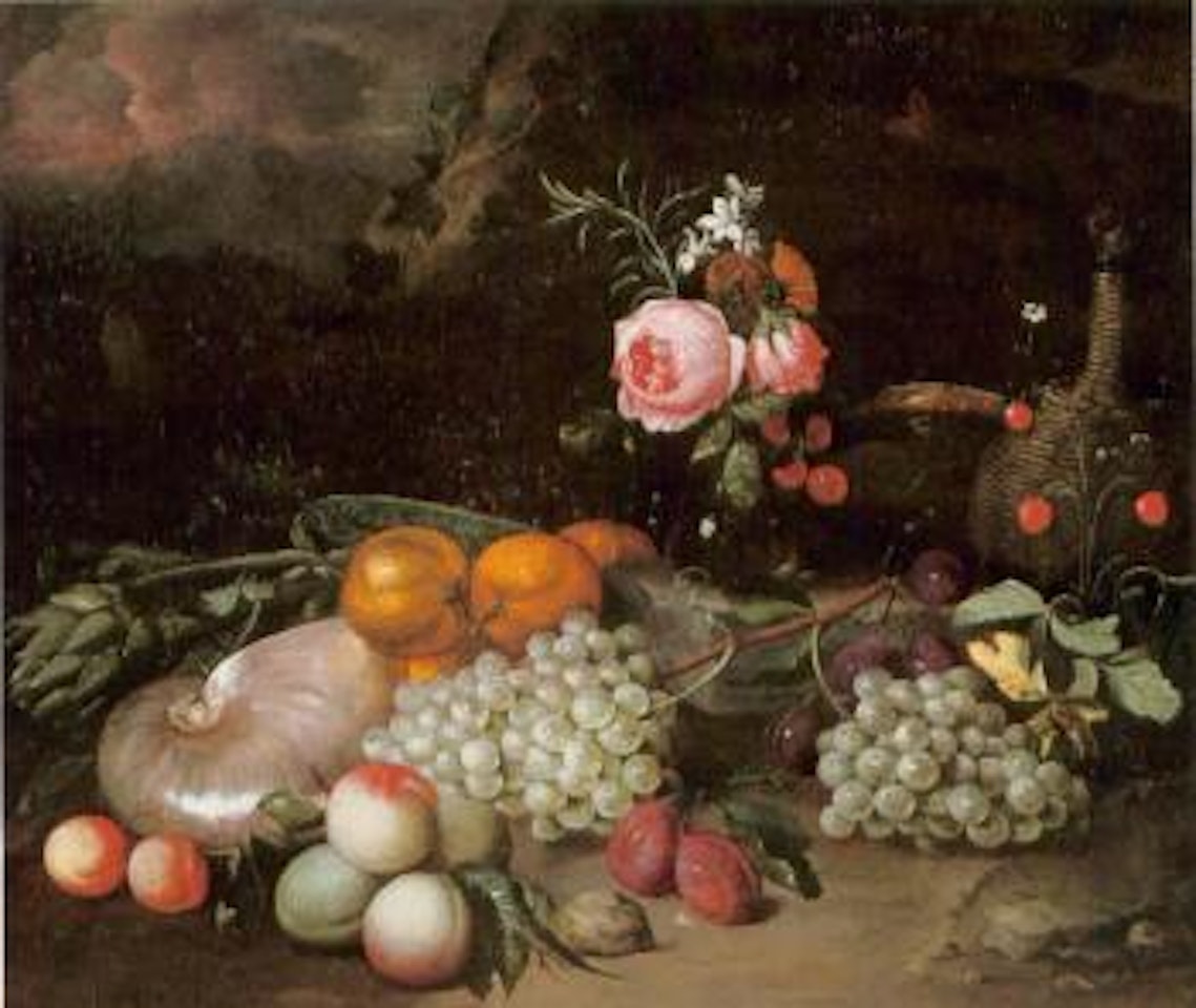 Nautilus shell, artichoke, various fruits and vase of flowers by Jan Pauwel Gillemans