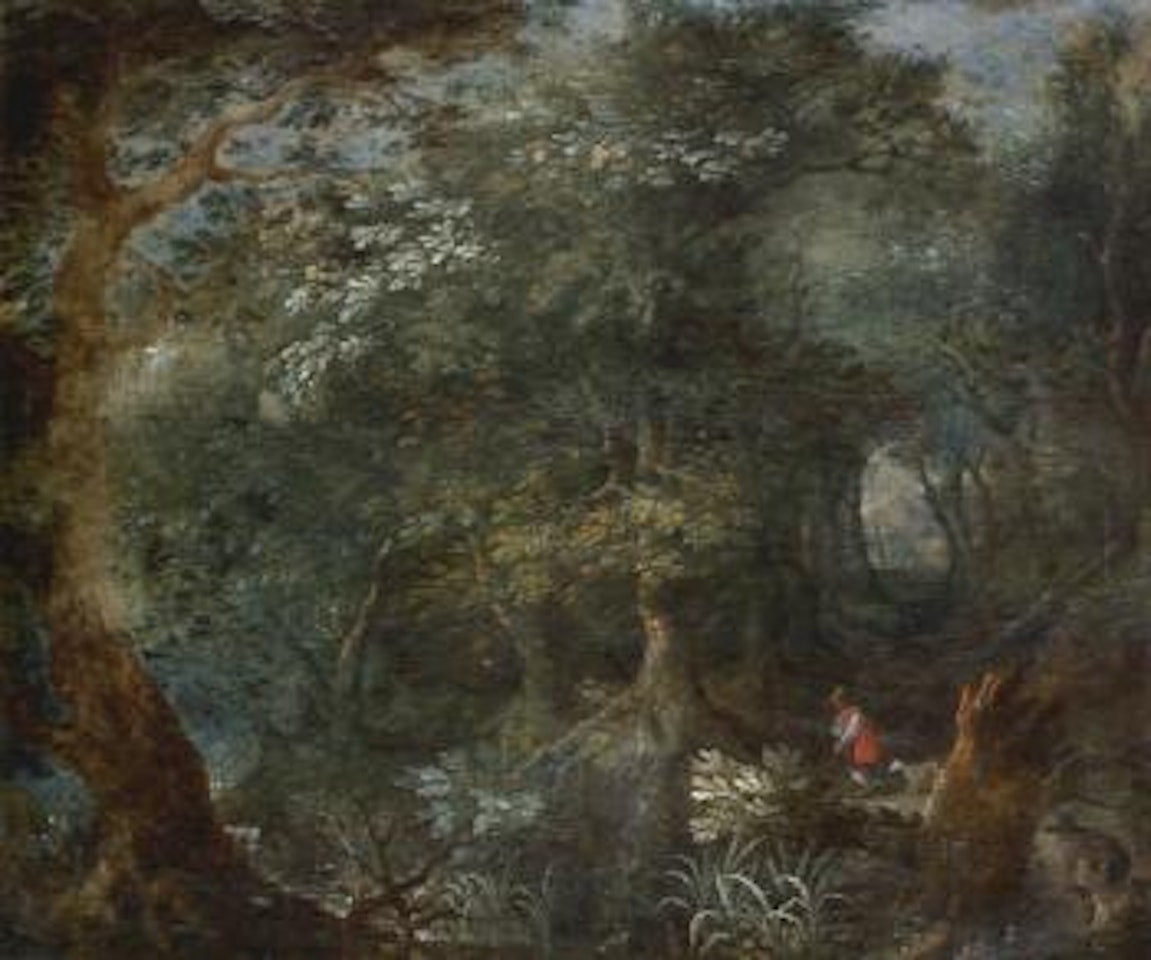Wooded landscape with two huntsmen and their hounds by Jan Brueghel the Younger