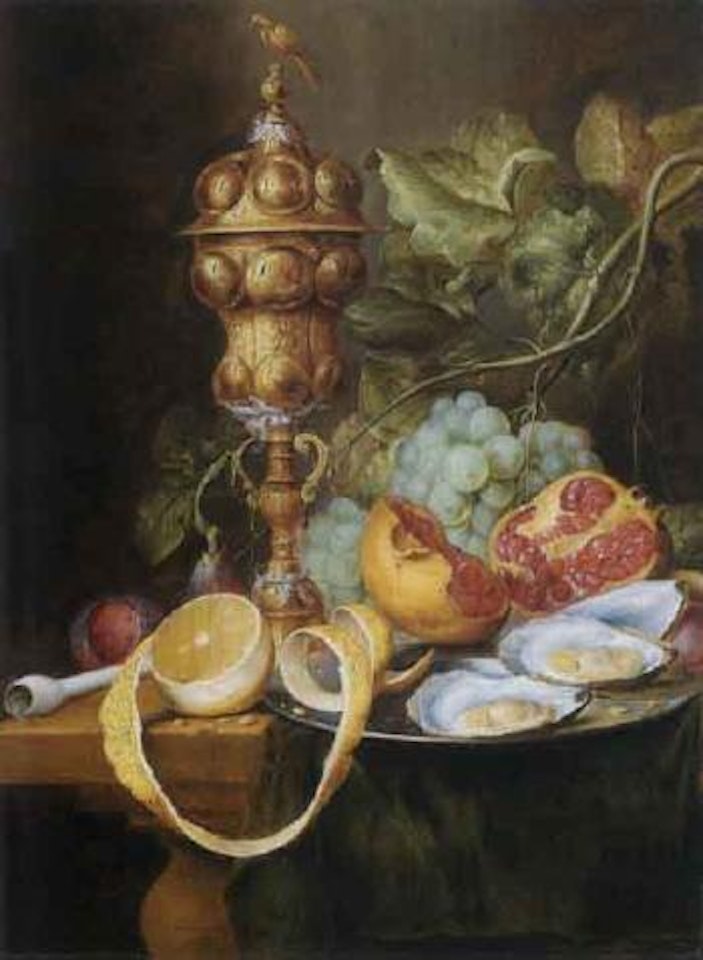 Still life with a gilt pokal, fruit on a pewter plate, on a draped table by Jan Davidsz de Heem