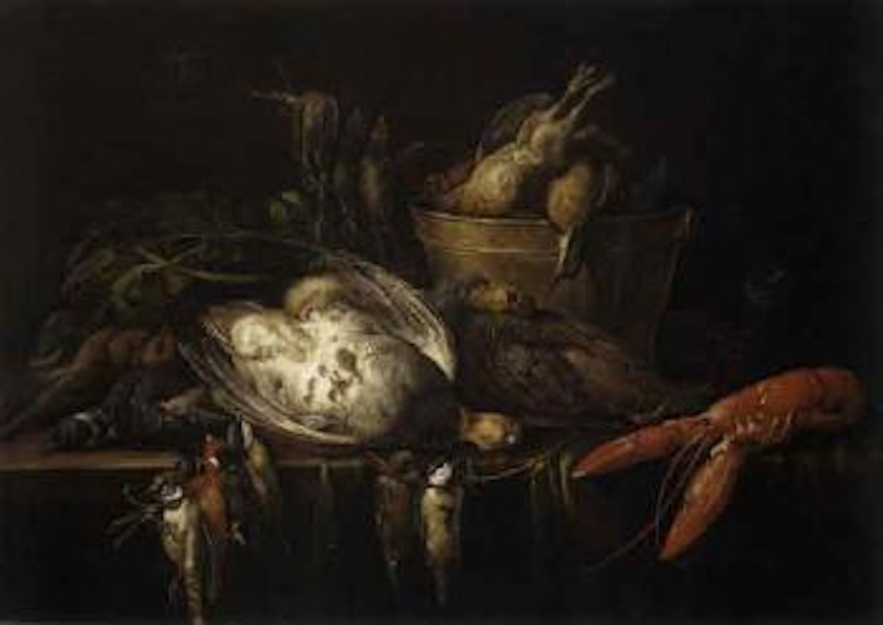 Still life with lobster, partridges and brass bucket by Adriaen van Utrecht