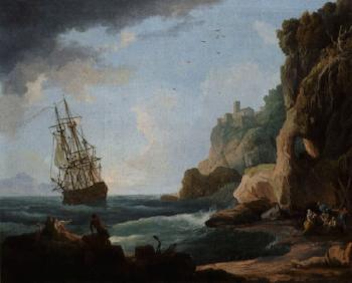 Mediterranean coastal scene with shipping, fishermen on shore by Claude Joseph Vernet