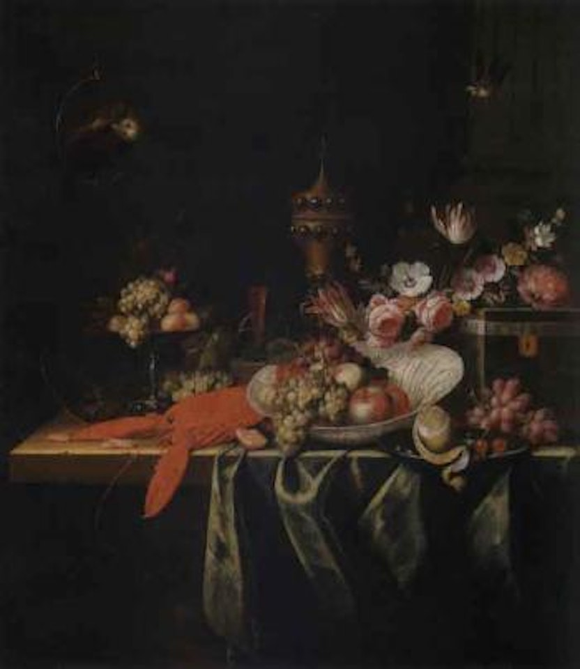 Still life with fruit, lobster and gilt pokal on a table by Pseudo Simons
