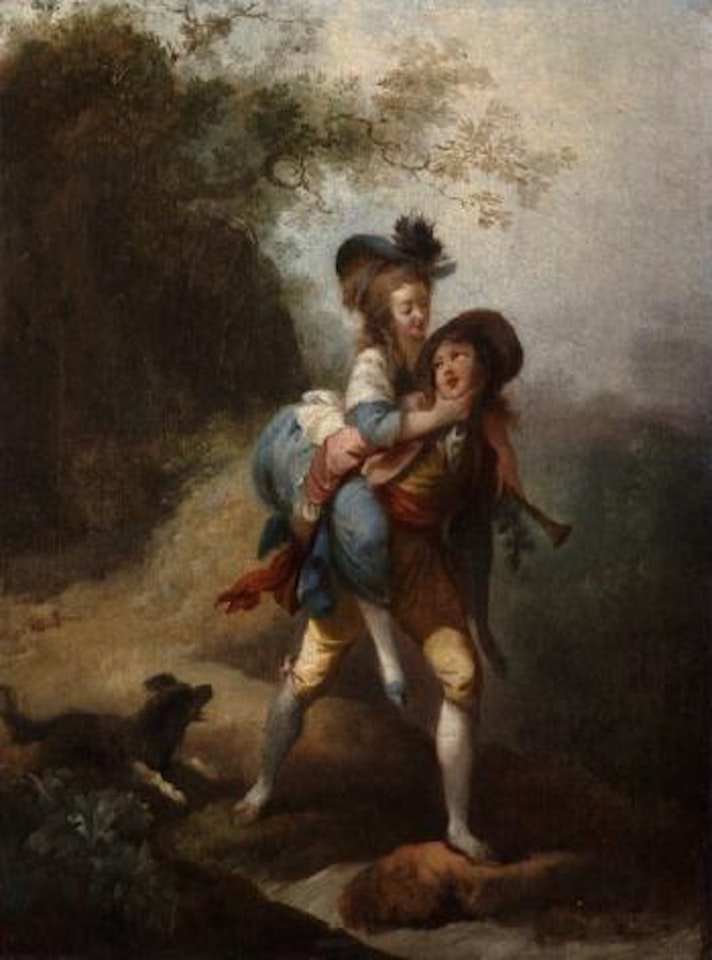 Young gentleman carrying a lady across a stream, with dog by Jean Frédéric Schall