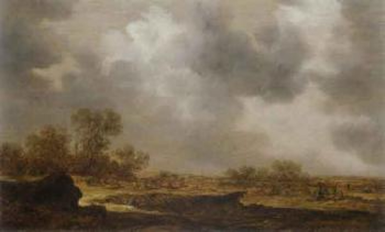 Extensive dune landscape with a peasant woman bailing hay by Jan van Goyen