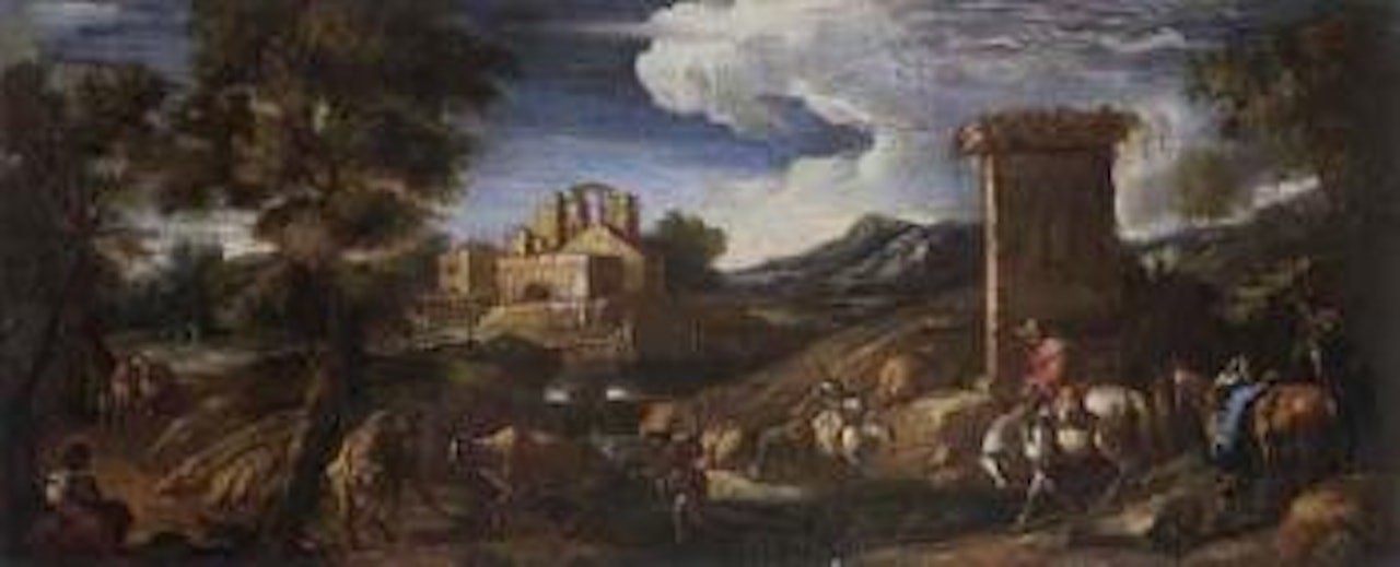 Extensive landscapes with travellers and pack animals by Roman School
