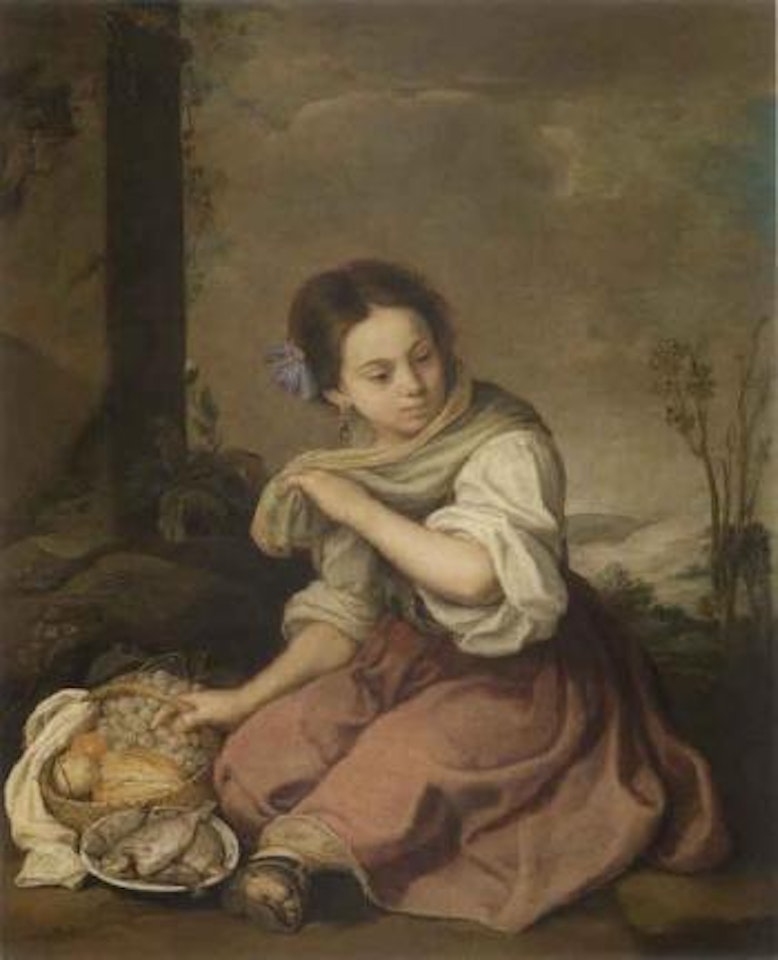 Young girl seated in a landscape holding basket of fruit by Bartolomé Esteban Murillo