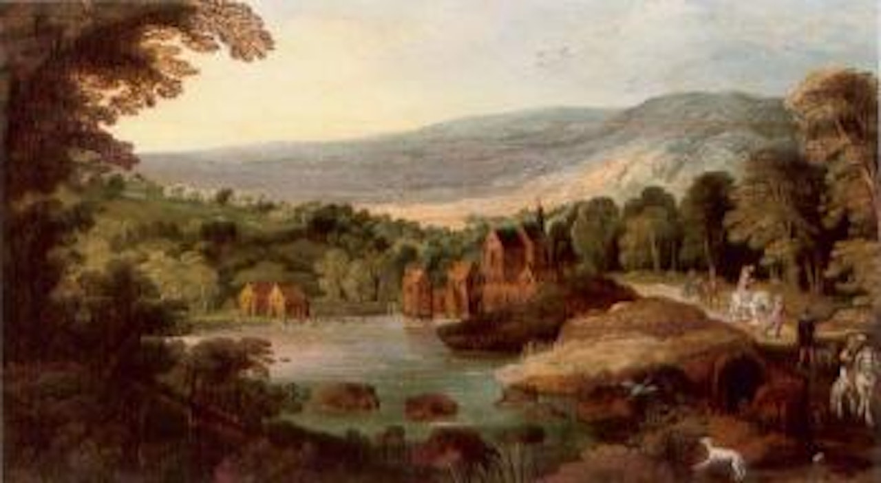A wooded landscape with travellers on a road by Joos de Momper the Younger