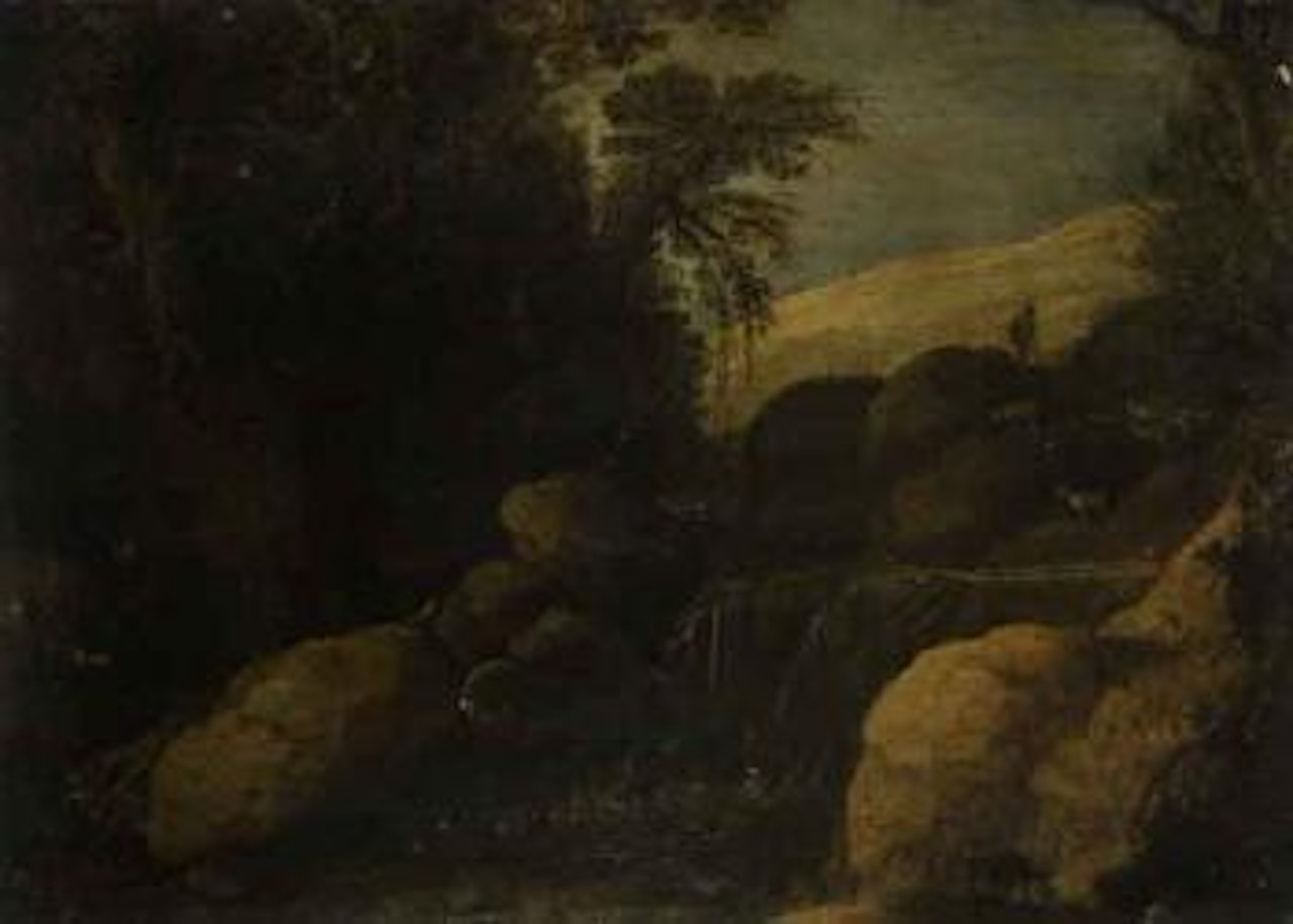 Landscape with goat herder and flock near waterfall by Paul Bril