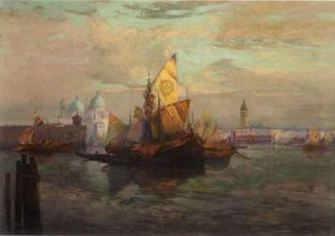 Boats in a canal with Santa Maria della Salute and the Doge's Palace beyond by William Ritschel