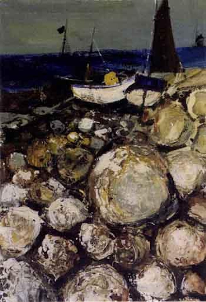 Fishing boats on rocky shore by Kenneth Webb