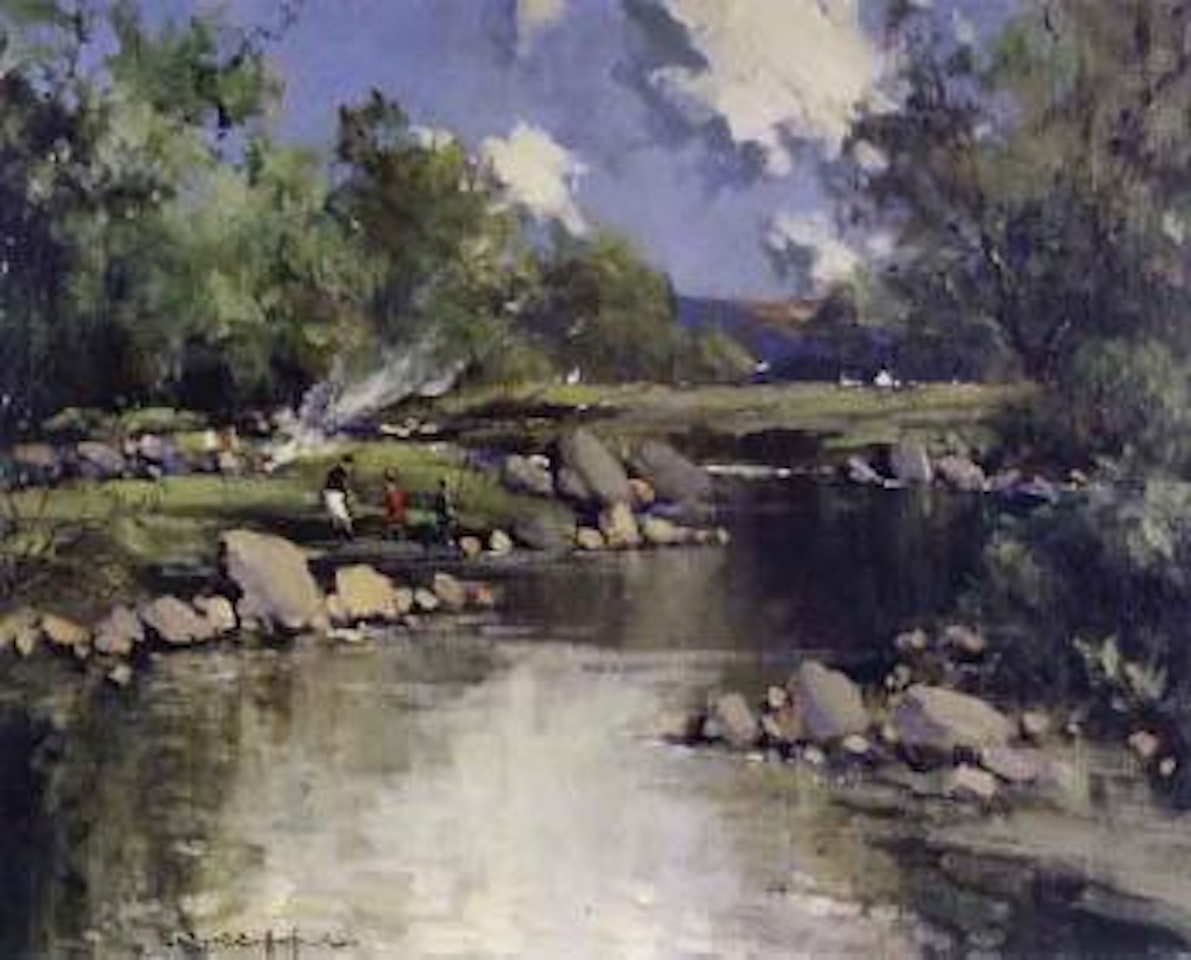 Fisherman and children by riverside bonfire by Maurice Canning Wilks