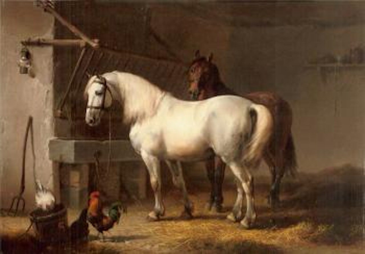 Horses and chickens in a barn interior by Eugène Joseph Verboeckhoven