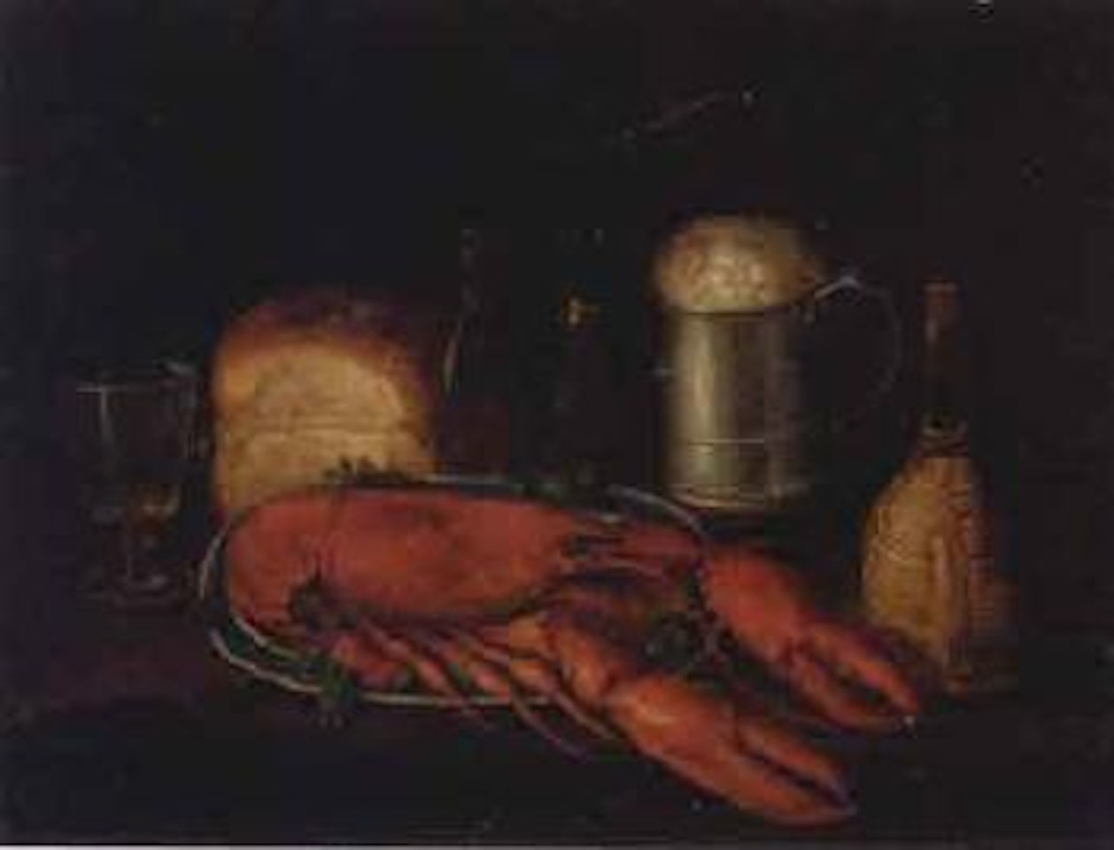 Lobster, ale and bread on table by English School