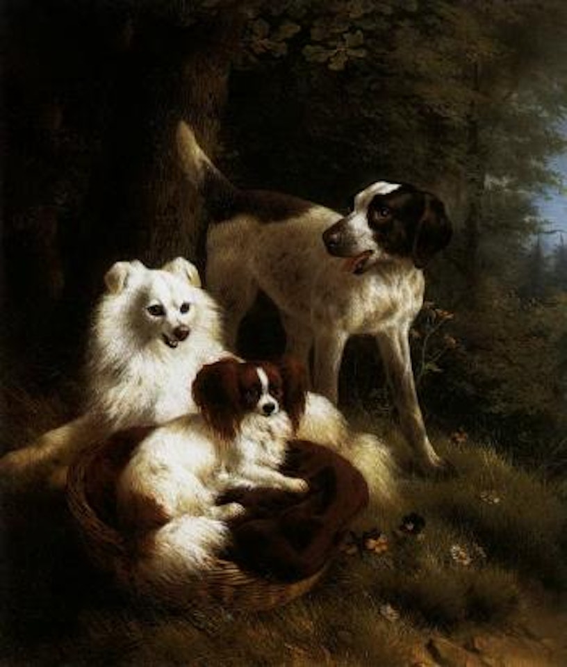 Two dogs and a hound in a landscape by Henriette Ronner-Knip