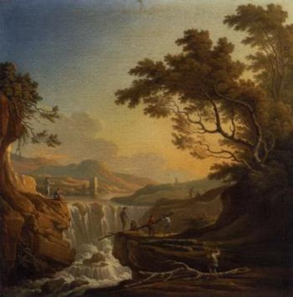 Figures building a bridge over waterfall by Claude Joseph Vernet