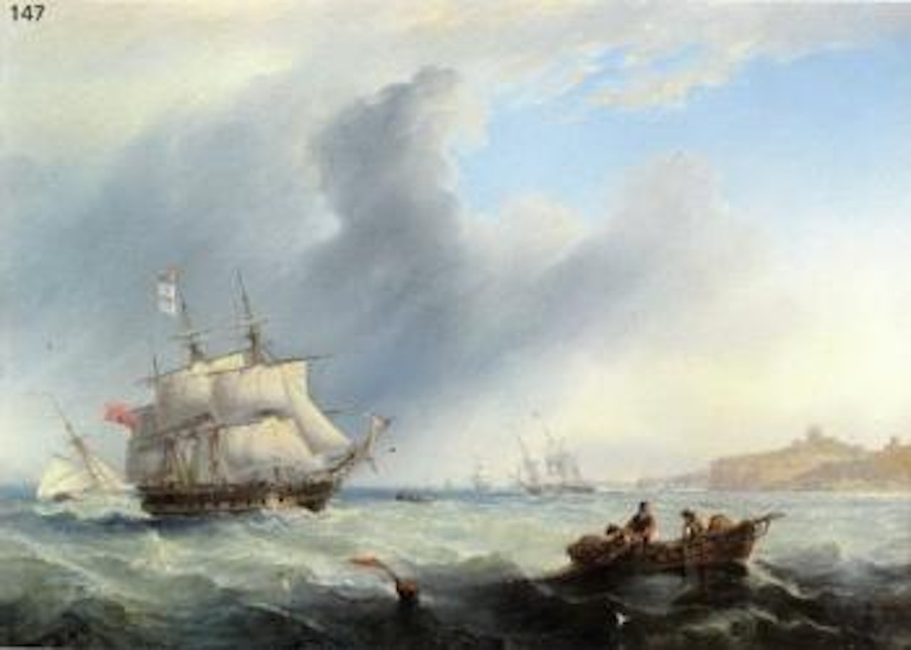 Royal Navy frigate under reduced sail running past Tynemouth by John Wilson Carmichael