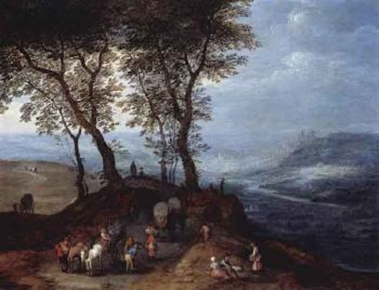 Extensive landscape with travellers on a path overlooking a valley, city beyond by Jan Brueghel the Younger
