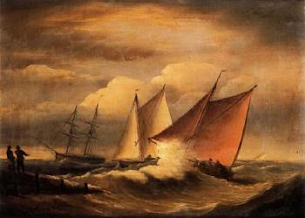 Fishing vessels close hauled in a choppy sea with an anchored brig beyond by Joseph Walter Of Bristol