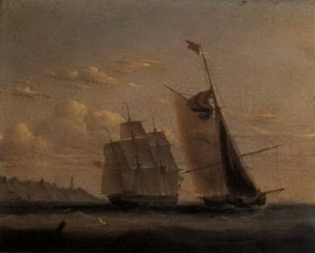 Full rigged sailing ship and a cutter with sailing trawl off the Start point, Devon by Joseph Walter Of Bristol