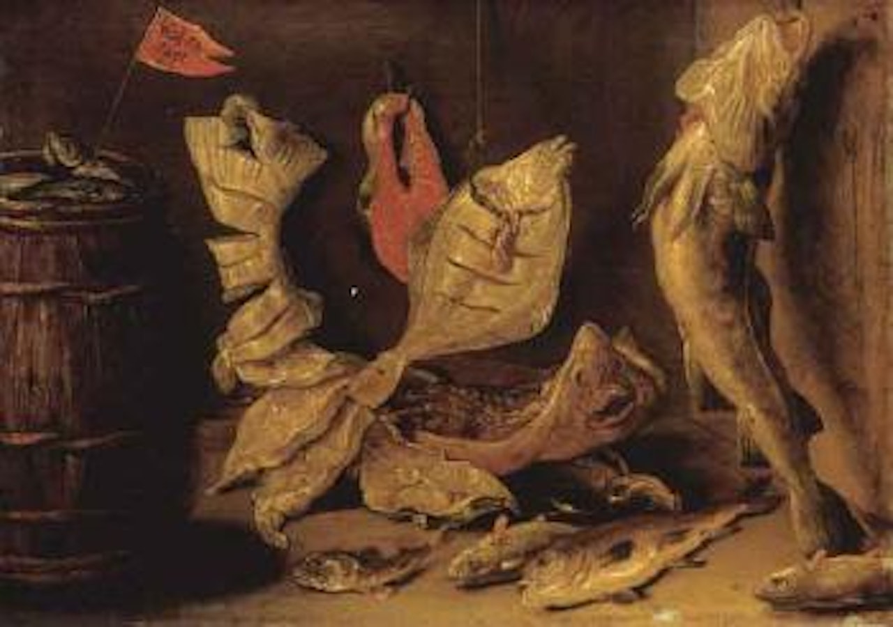 Plaice, skate and other fish beside a barrel by Jan Van Kessel The Elder