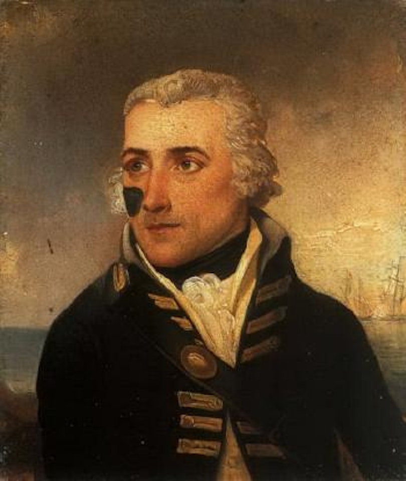 Portrait of Captain Richard Bowen RN, with a frigate in the background by English School