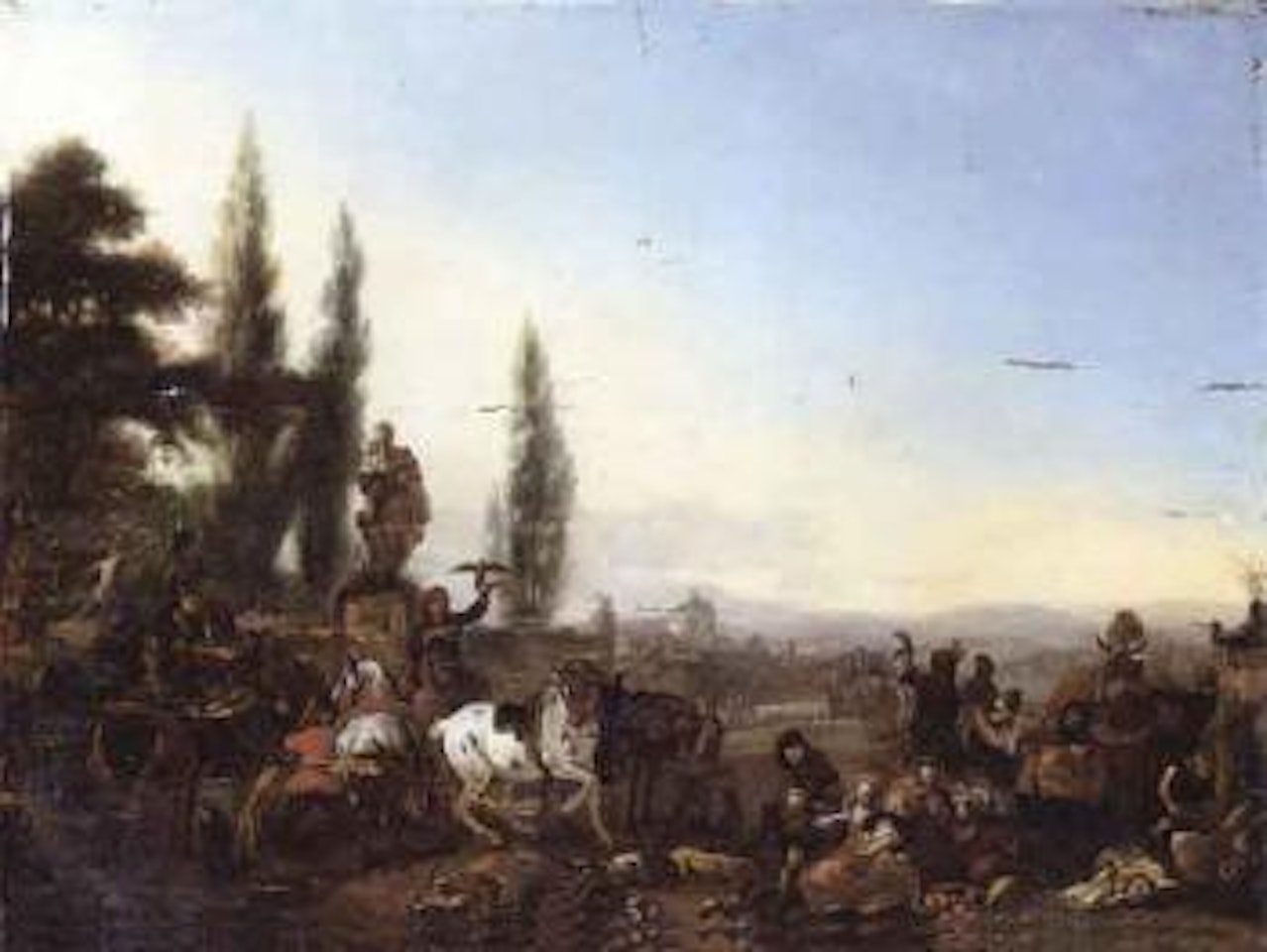 Repose of a hawking party by a walled garden, landscape beyond by Philips Wouwerman